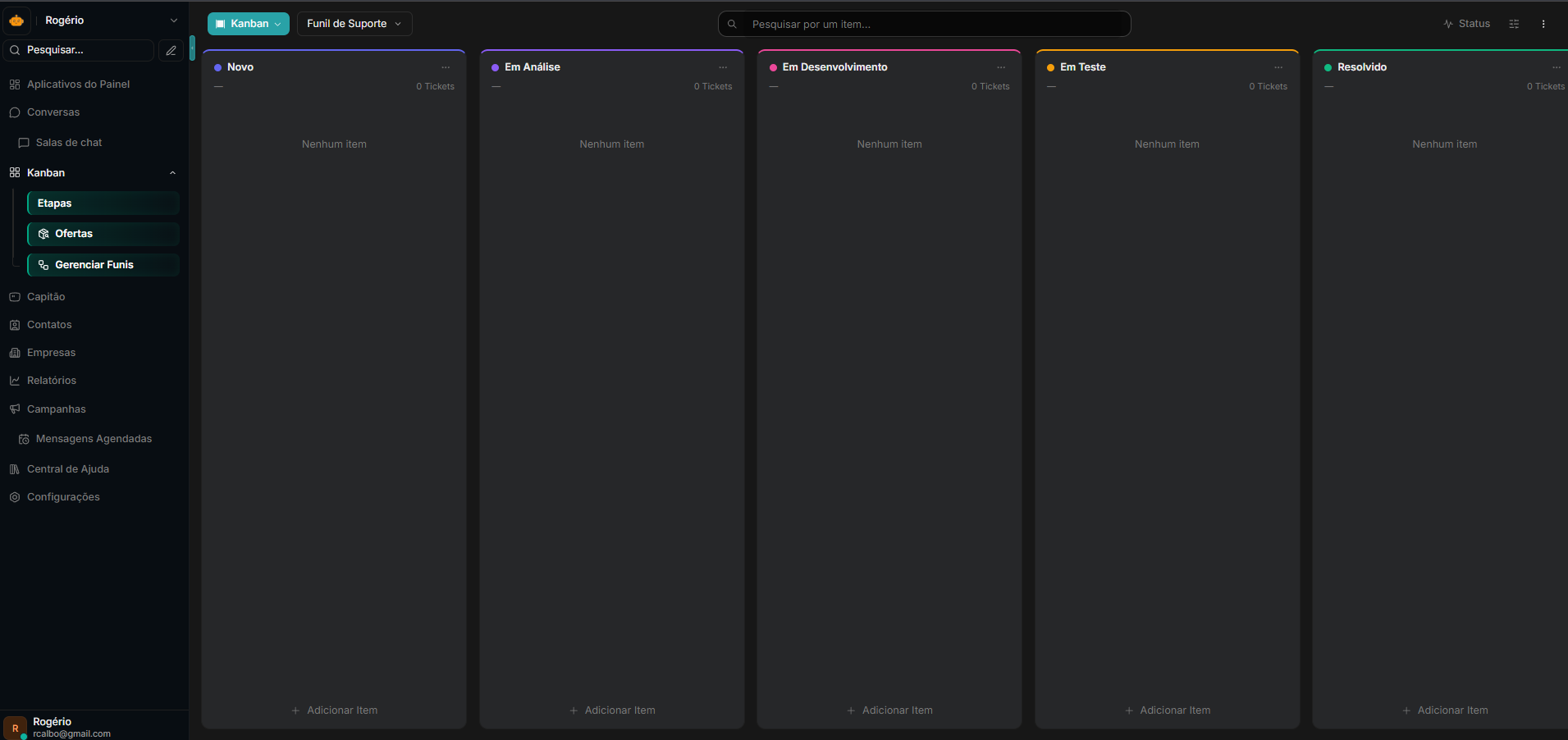 Funil Kanban comercial do SysZap